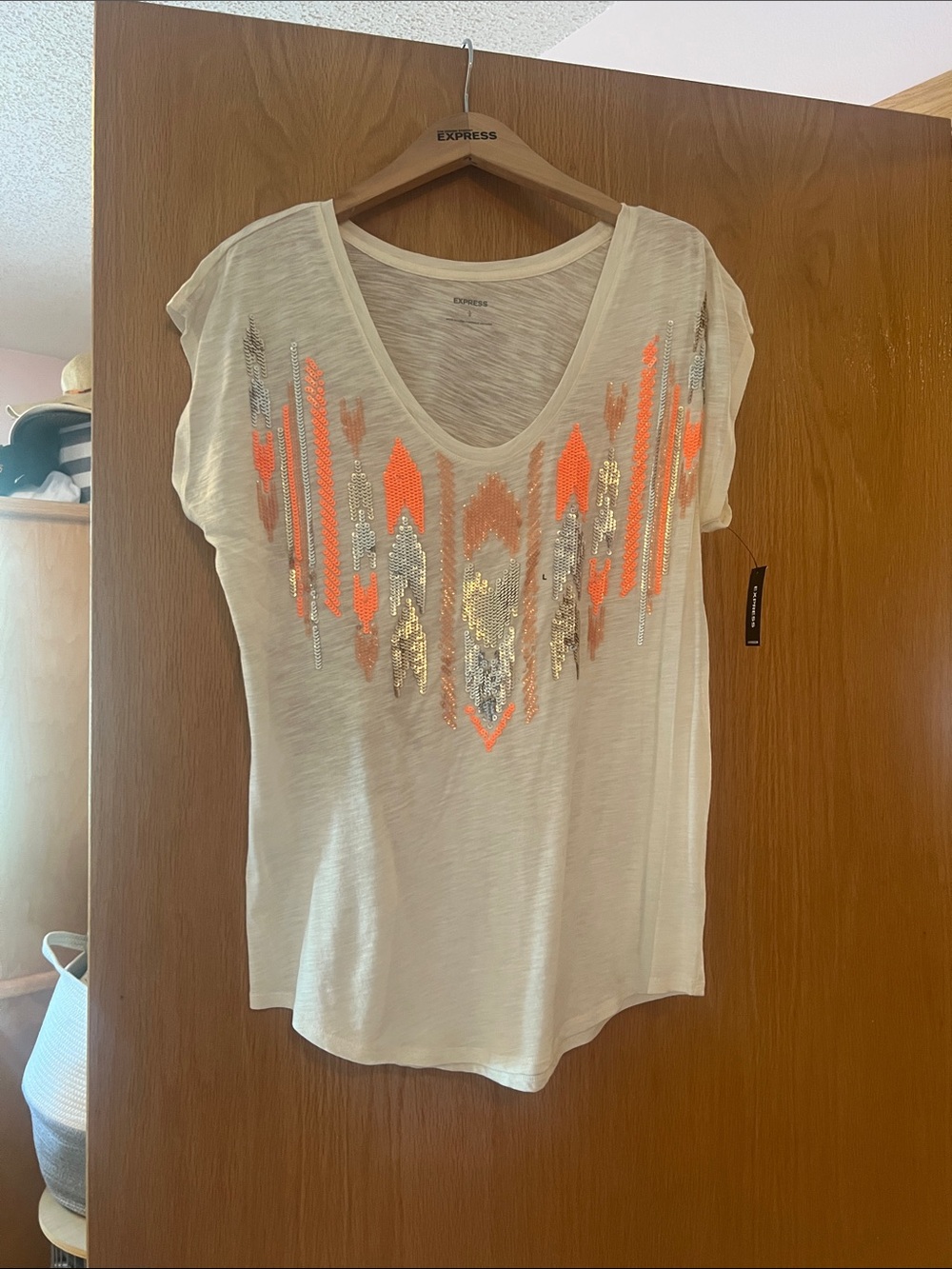 Express Cream V-Neck Tee with Neon Orange & Gold Sequin Aztec Motif